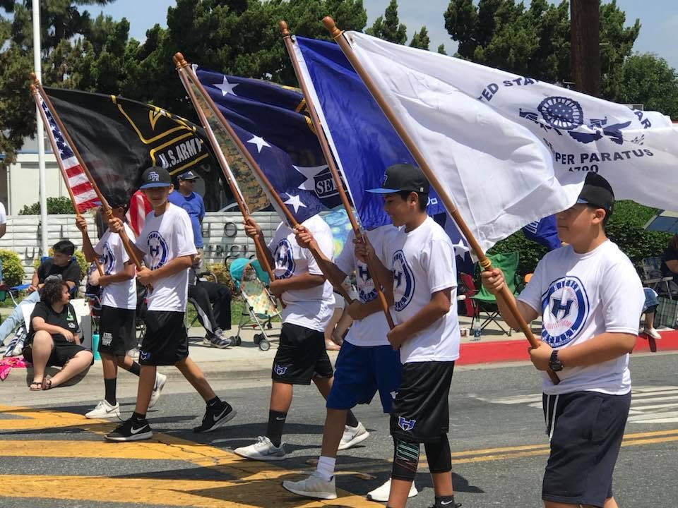 Community parade with flags